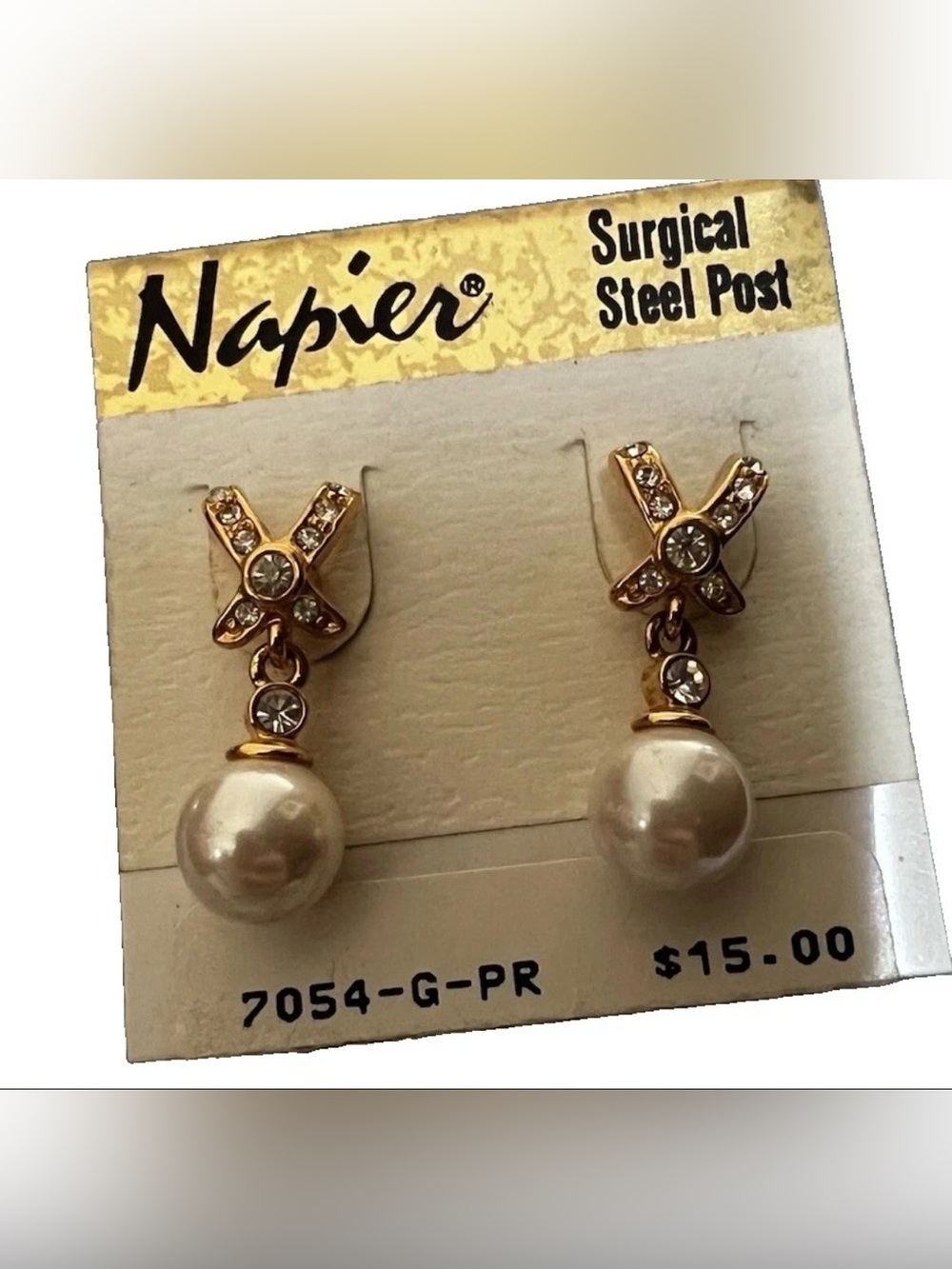 Vintage Napier Gold Rhinestone Drop Dangle Pearl Earring Surgical Steel Post